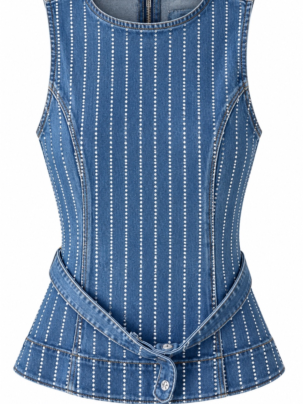 Beaded Vertical-Strip Denim Peplum Top